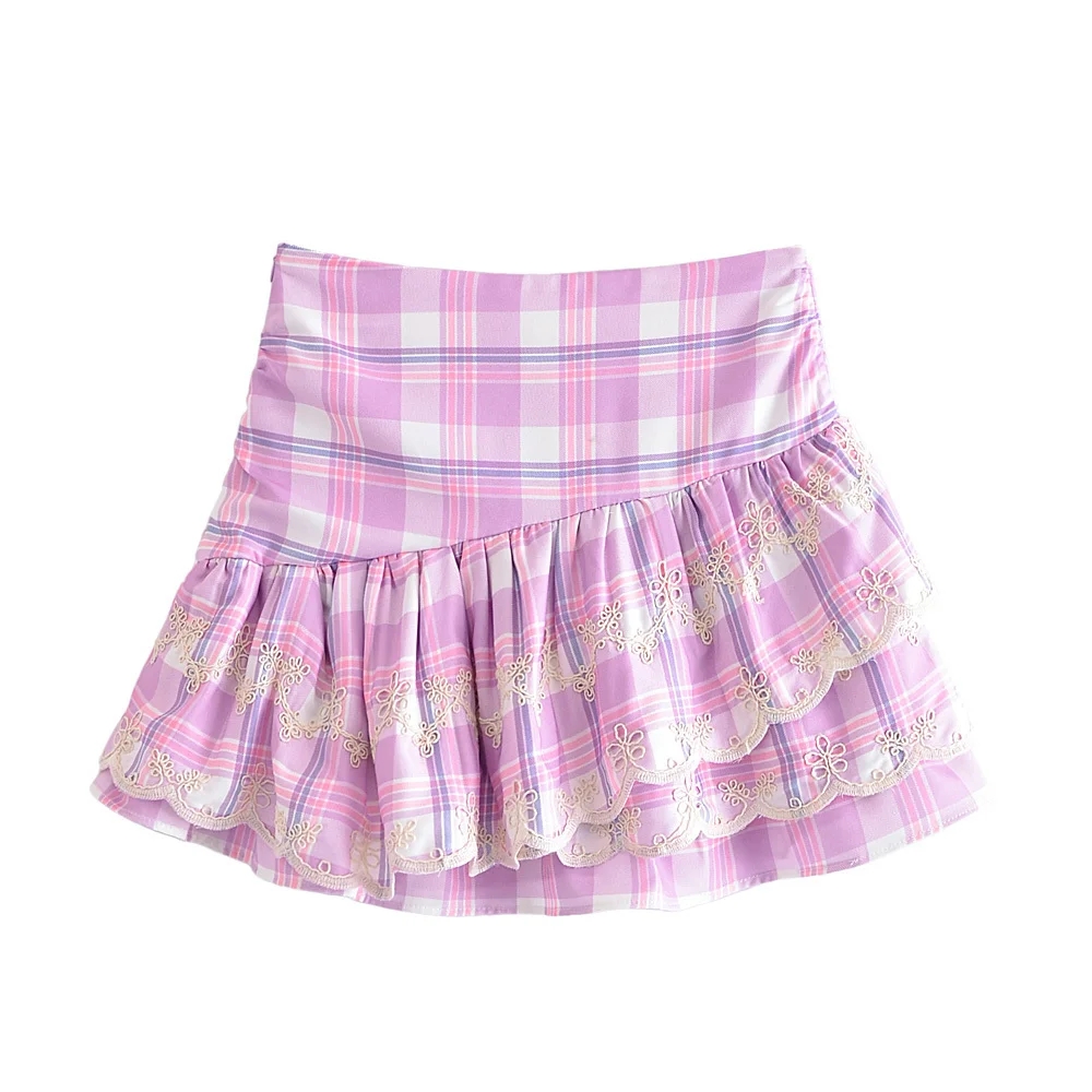 Fashion Pink Plaid Pleated Ruffle Skirt,Skirts