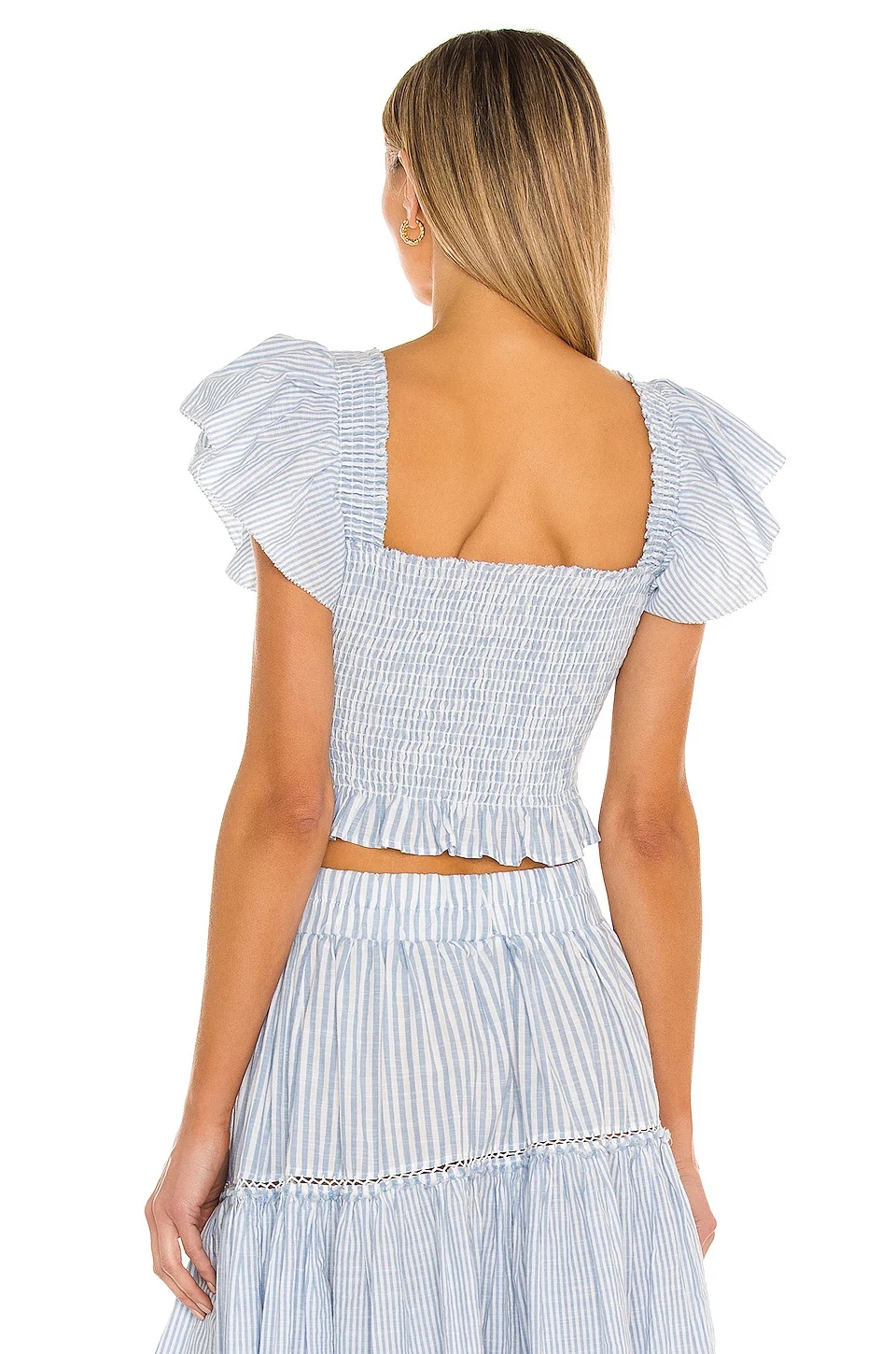 Fashion Blue Striped Square Collar Short Sleeves,Blouses