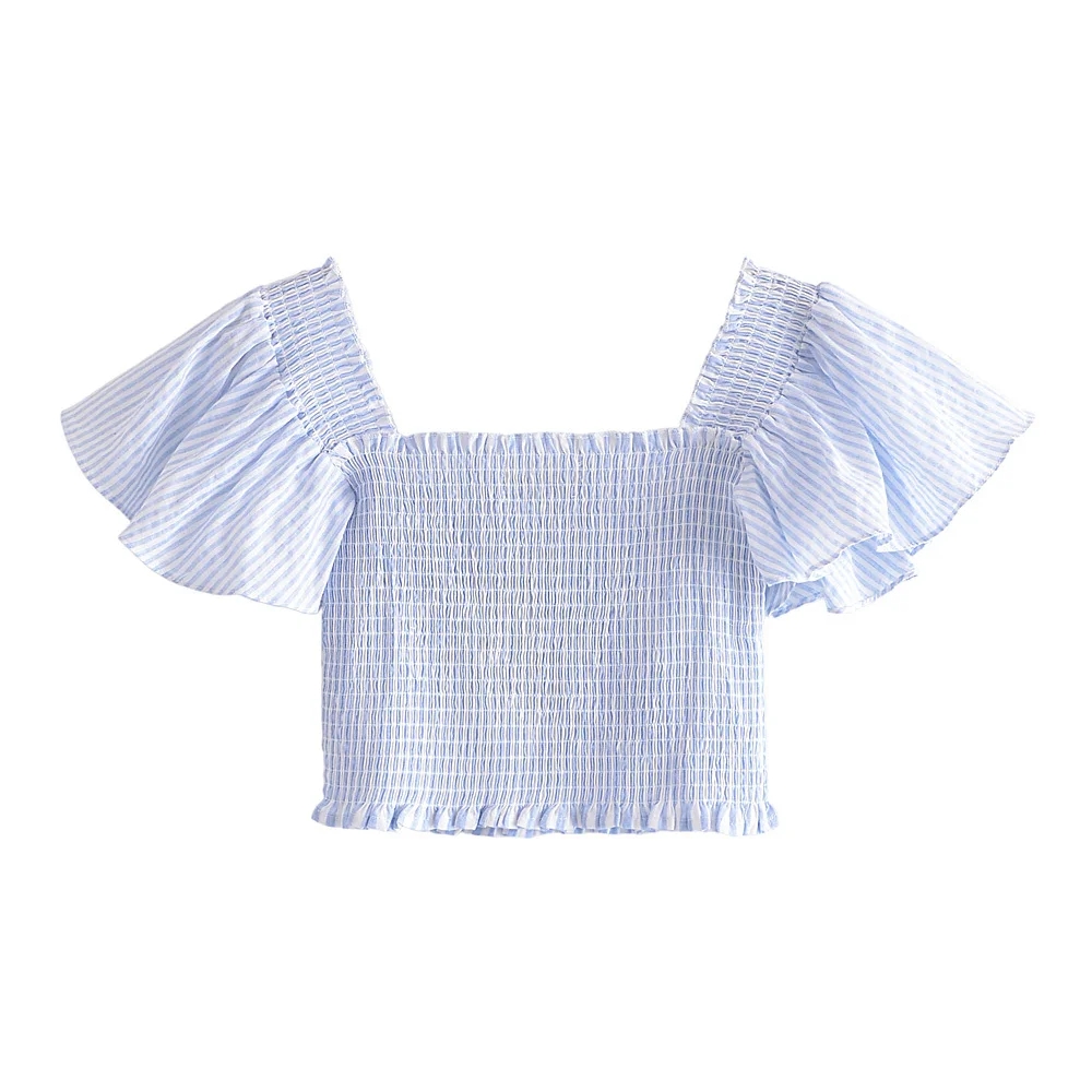 Fashion Blue Striped Square Collar Short Sleeves,Blouses