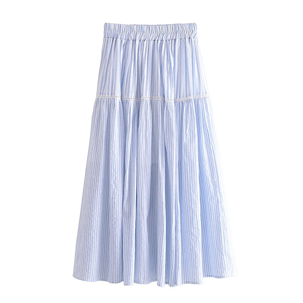 Fashion Blue Lace Stitching Striped Skirt,Skirts