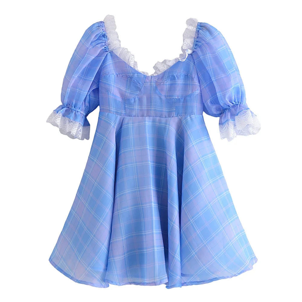 Fashion Blue Plaid Stitching Lace Dress,Mini & Short Dresses