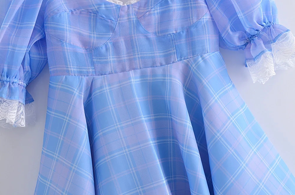 Fashion Blue Plaid Stitching Lace Dress,Mini & Short Dresses