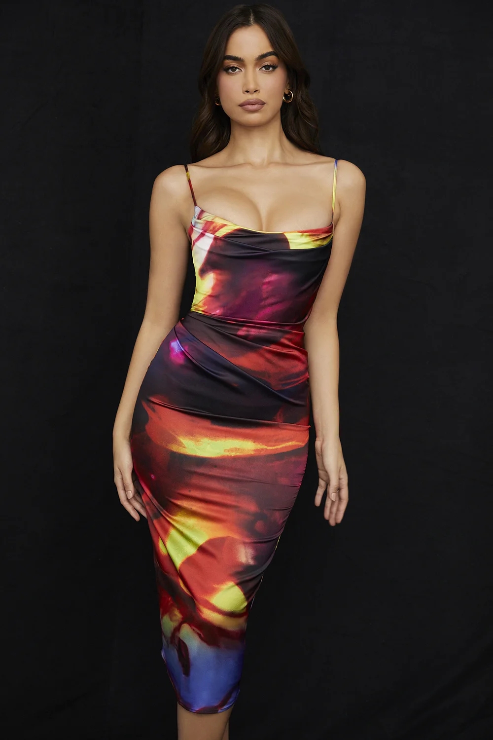 Fashion Photo Color Printed Pleated Strap Dress,Long Dress