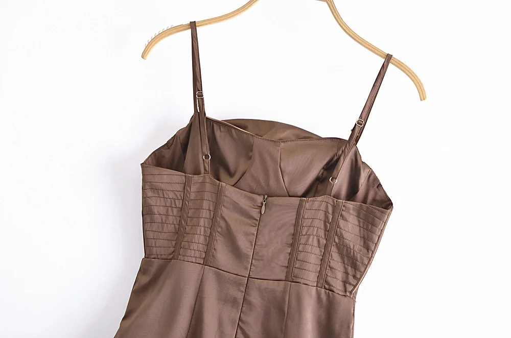 Fashion Brown Tunic Fishbone Sling Dress,Long Dress