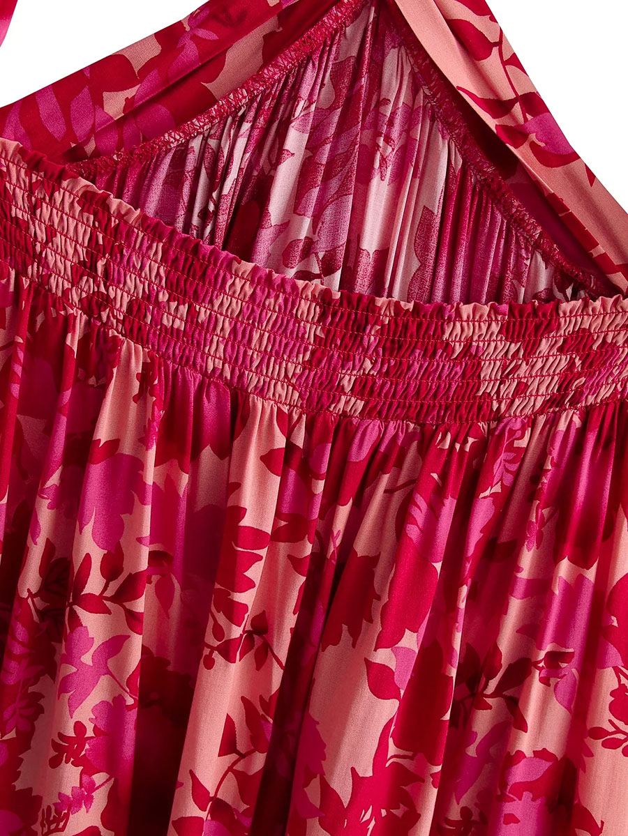 Fashion Red Cotton Printed Waist V-neck Dress,Long Dress