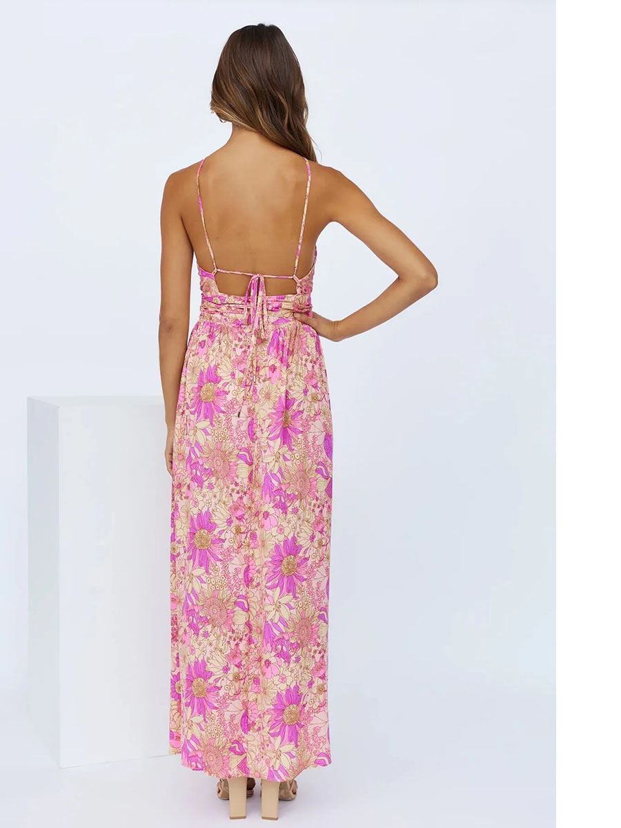 Fashion Pink Printed Halterneck Big Swing Dress,Long Dress