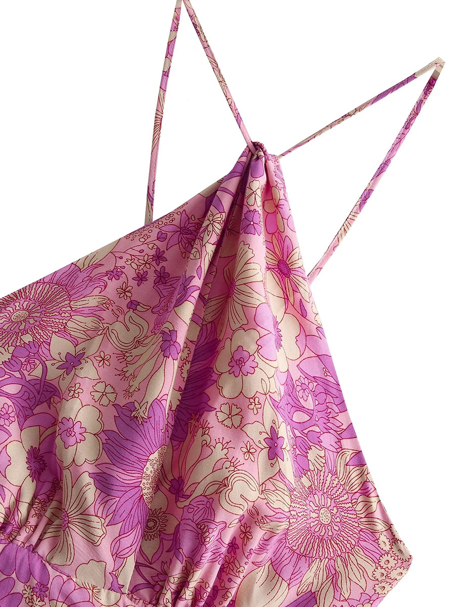 Fashion Pink Printed Halterneck Big Swing Dress,Long Dress