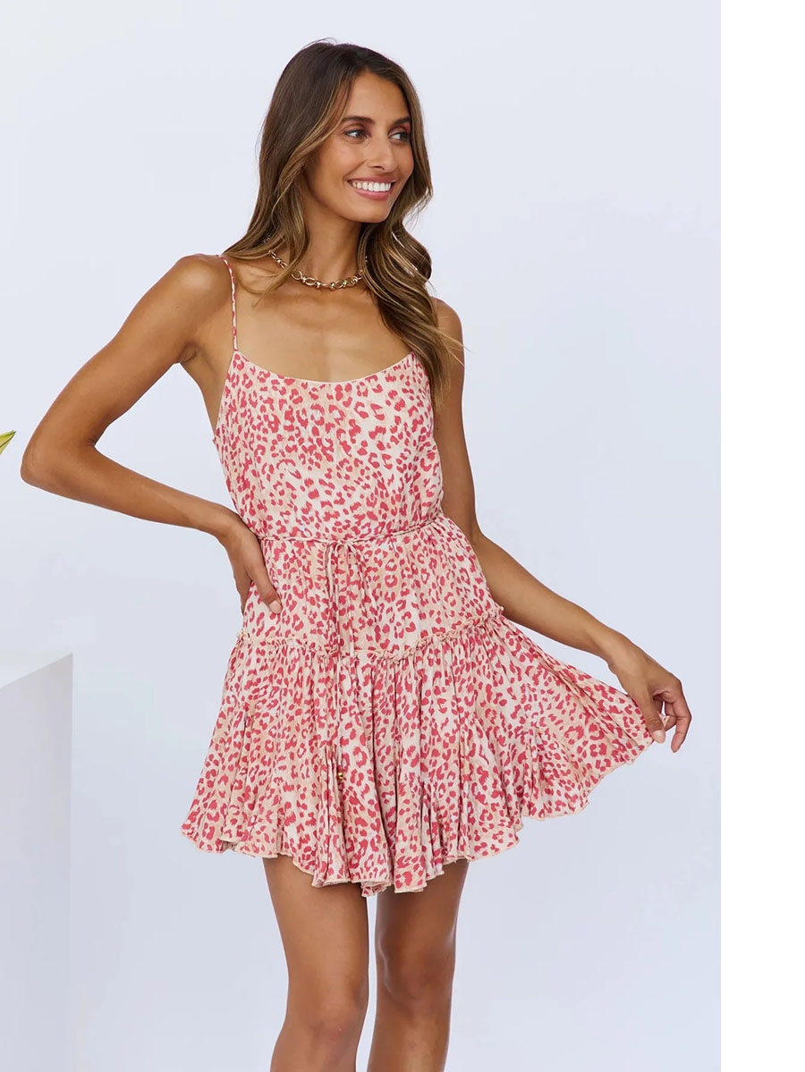 Fashion Pink Chiffon Leopard Print Lace Sling Dress,Mini & Short Dresses