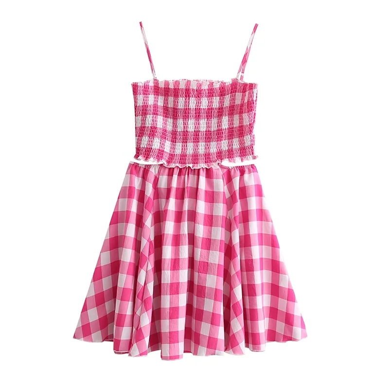 Fashion Pink Plaid Strap Dress,Mini & Short Dresses