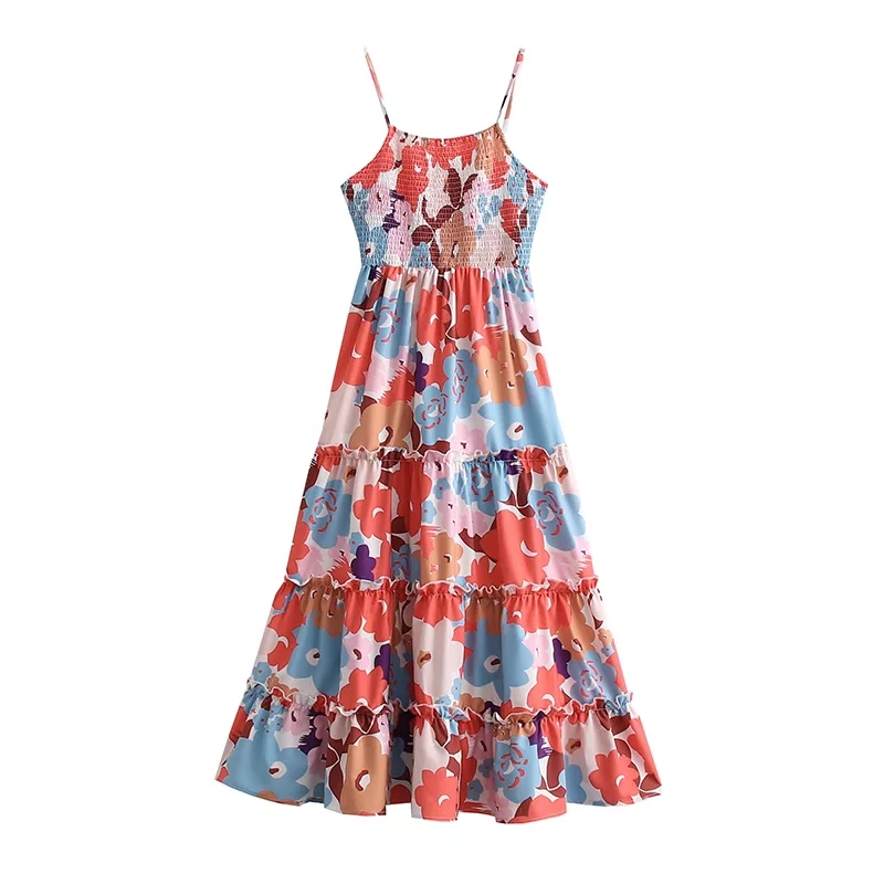 Fashion Color Printed Multi-layer Sling Dress,Long Dress