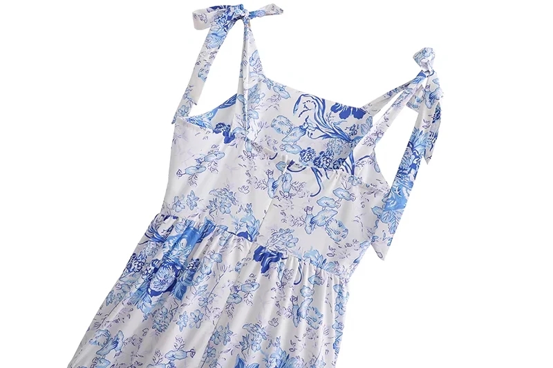 Fashion Blue Printed Suspender Dress,Long Dress
