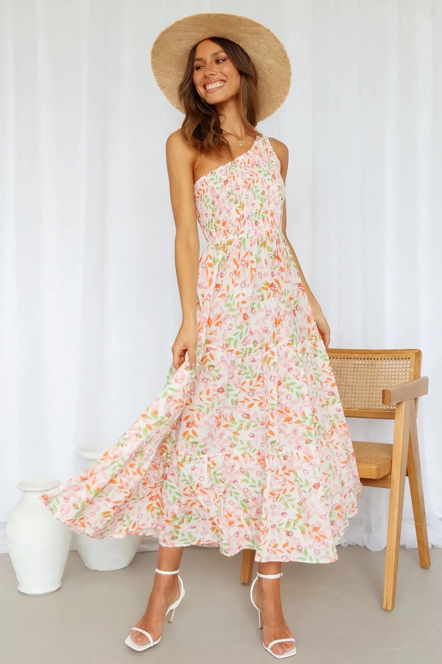 Fashion Beige Sloping Shoulder Print Big Skirt,Long Dress