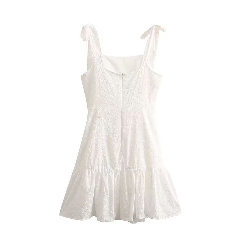 Fashion White Cotton Embroidered Lace-up Suspender Skirt,Mini & Short Dresses