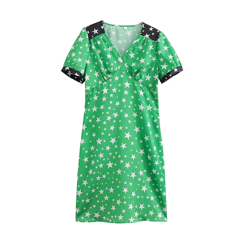 Fashion Green Star Print V-neck Dress,Mini & Short Dresses