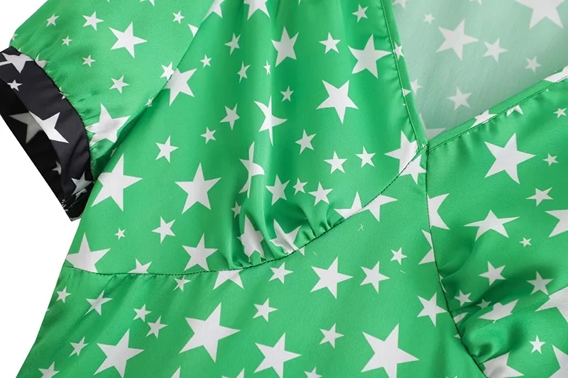 Fashion Green Star Print V-neck Dress,Mini & Short Dresses