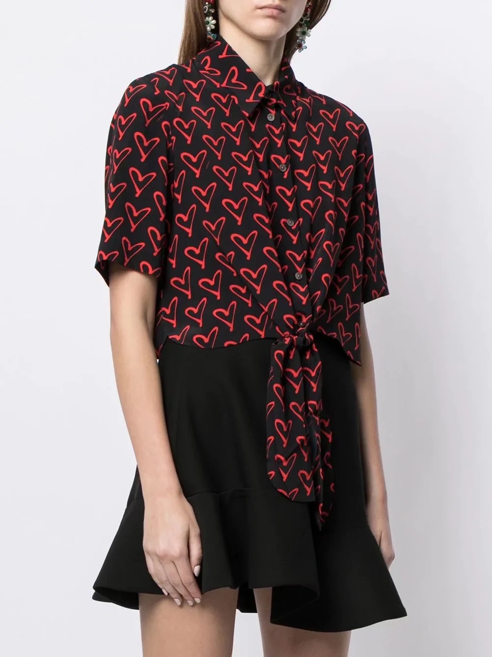 Fashion Black Heart Print Knotted Shirt,Blouses