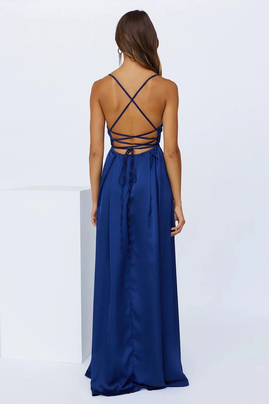Fashion Blue Satin Back Cross-over Dress,Long Dress