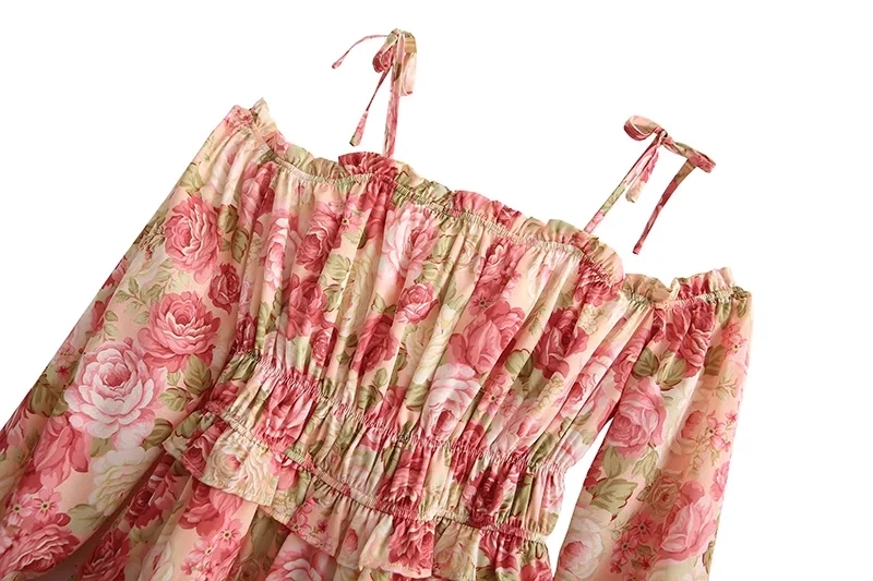 Fashion Pink Chiffon Print Waist Dress,Long Dress