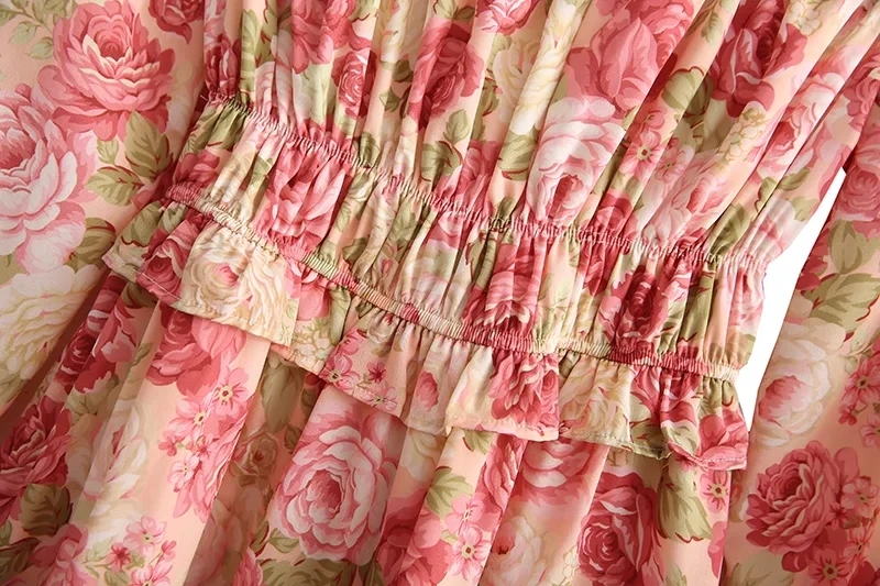 Fashion Pink Chiffon Print Waist Dress,Long Dress