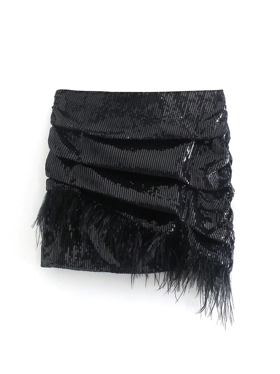 Fashion Black Sequined Feather Pleated Skirt,Skirts