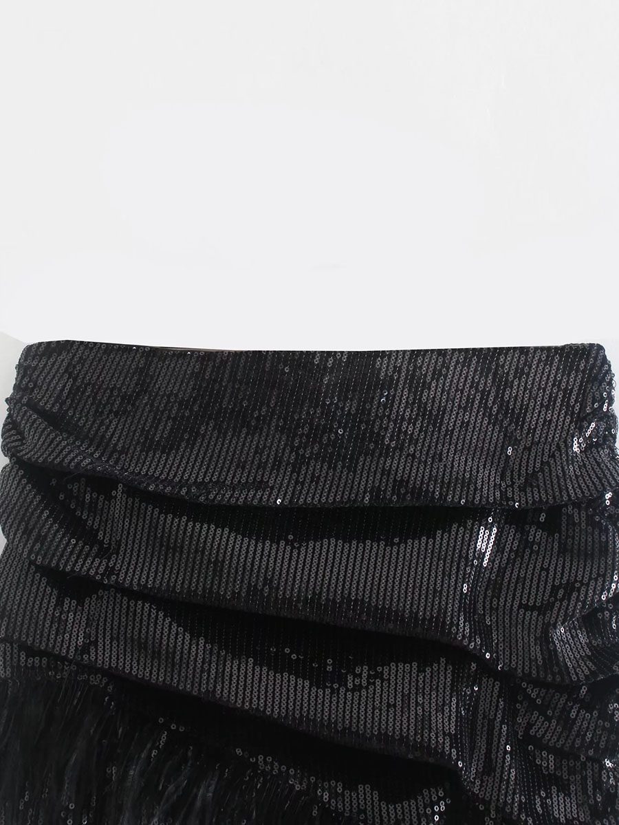 Fashion Black Sequined Feather Pleated Skirt,Skirts