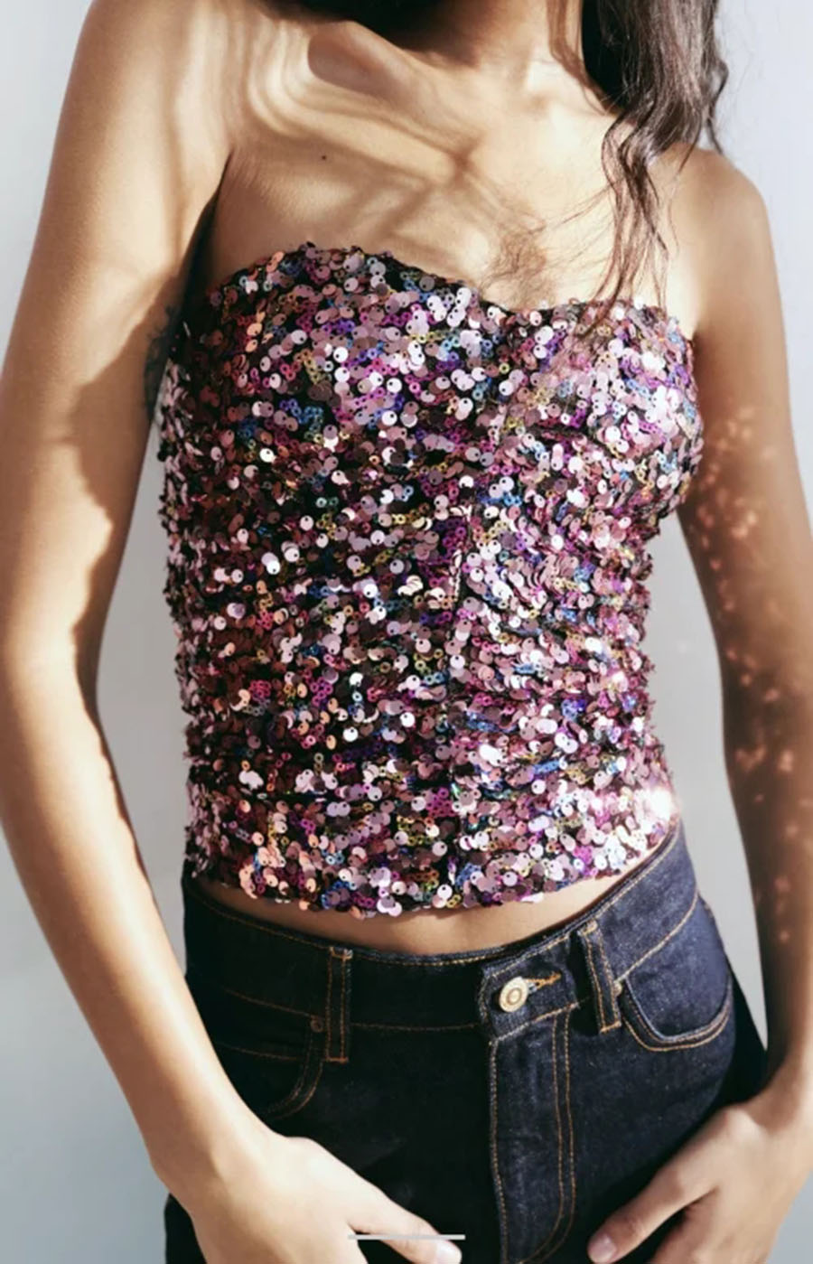 Fashion Color Sequined Tube Top Pleated Top,Tank Tops & Camis