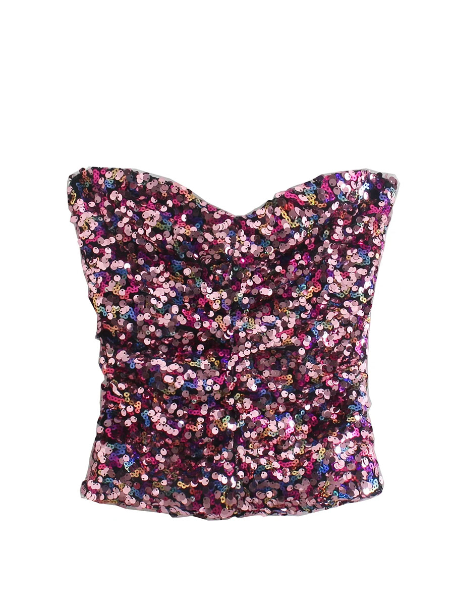 Fashion Color Sequined Tube Top Pleated Top,Tank Tops & Camis