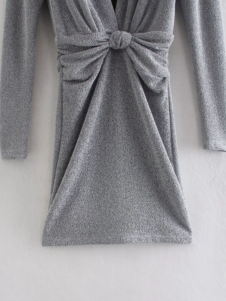 Fashion Silver Color Metallic Thread Knotted V-neck Dress,Long Dress