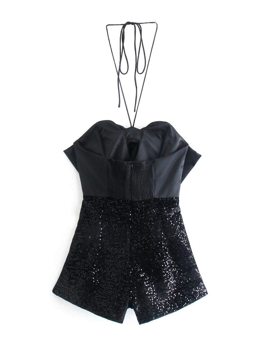 Fashion Black Sequined Bow Jumpsuit,Tank Tops & Camis