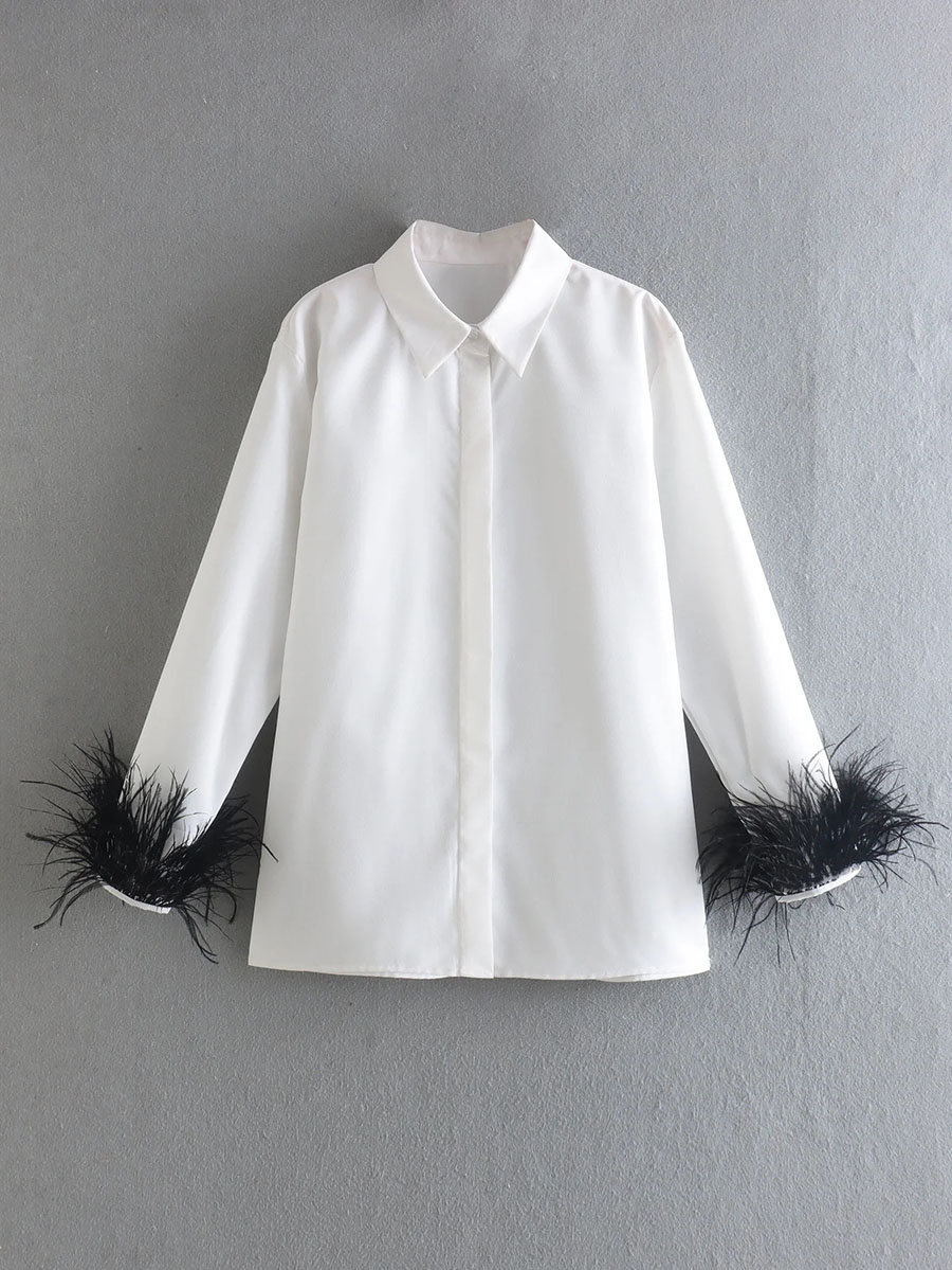 Fashion White Button-down Shirt With Feather Cuffs,Blouses