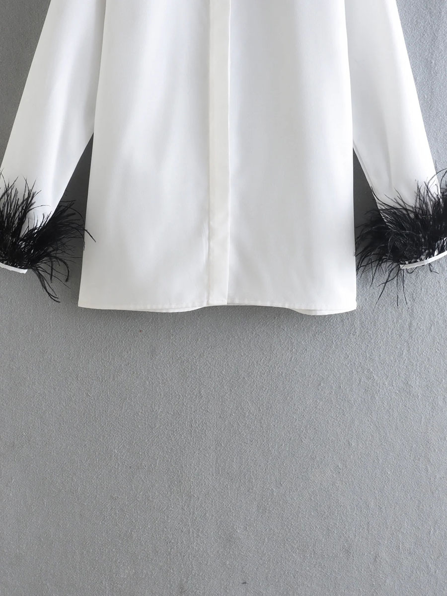 Fashion White Button-down Shirt With Feather Cuffs,Blouses