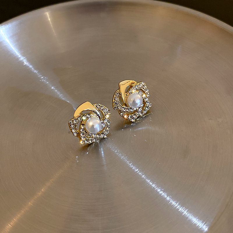 Fashion Gold Color Alloy Diamond Pearl Flower Stud Earrings,Stud Earrings