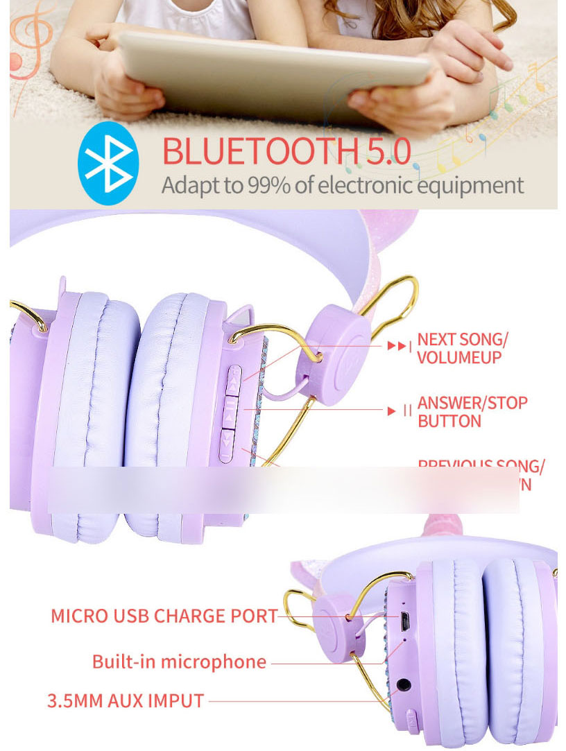 Fashion Purple Hairball Patch Cartoon Unicorn Headset Bluetooth Headset (charged),Other Creative Stationery