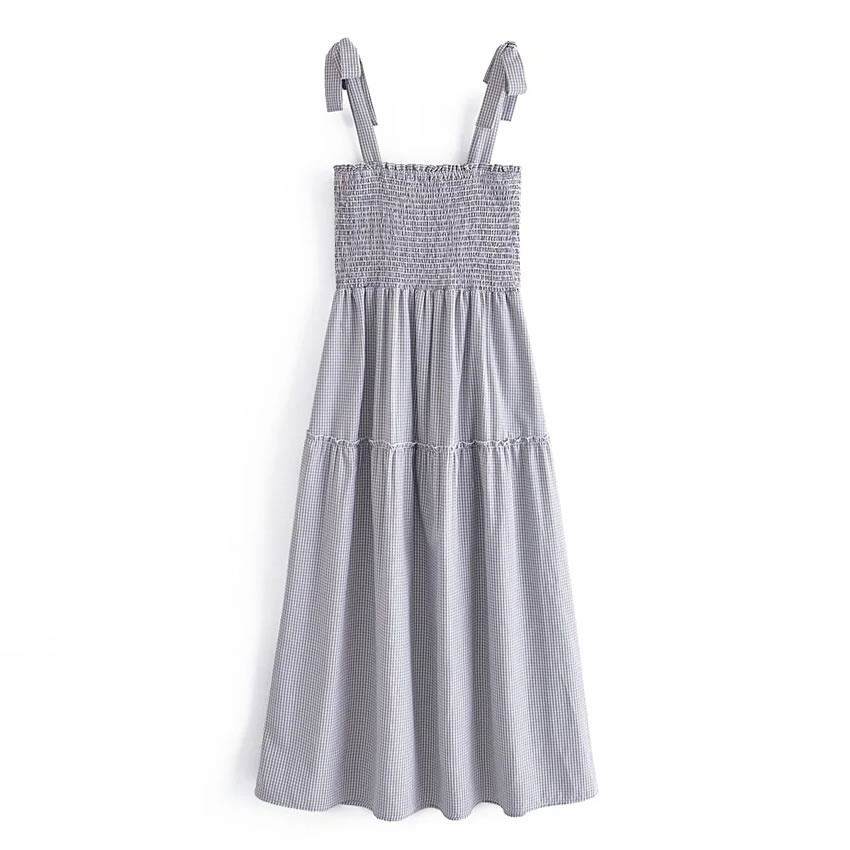 Fashion Grey And White Elasticated Lace-up Dress,Long Dress