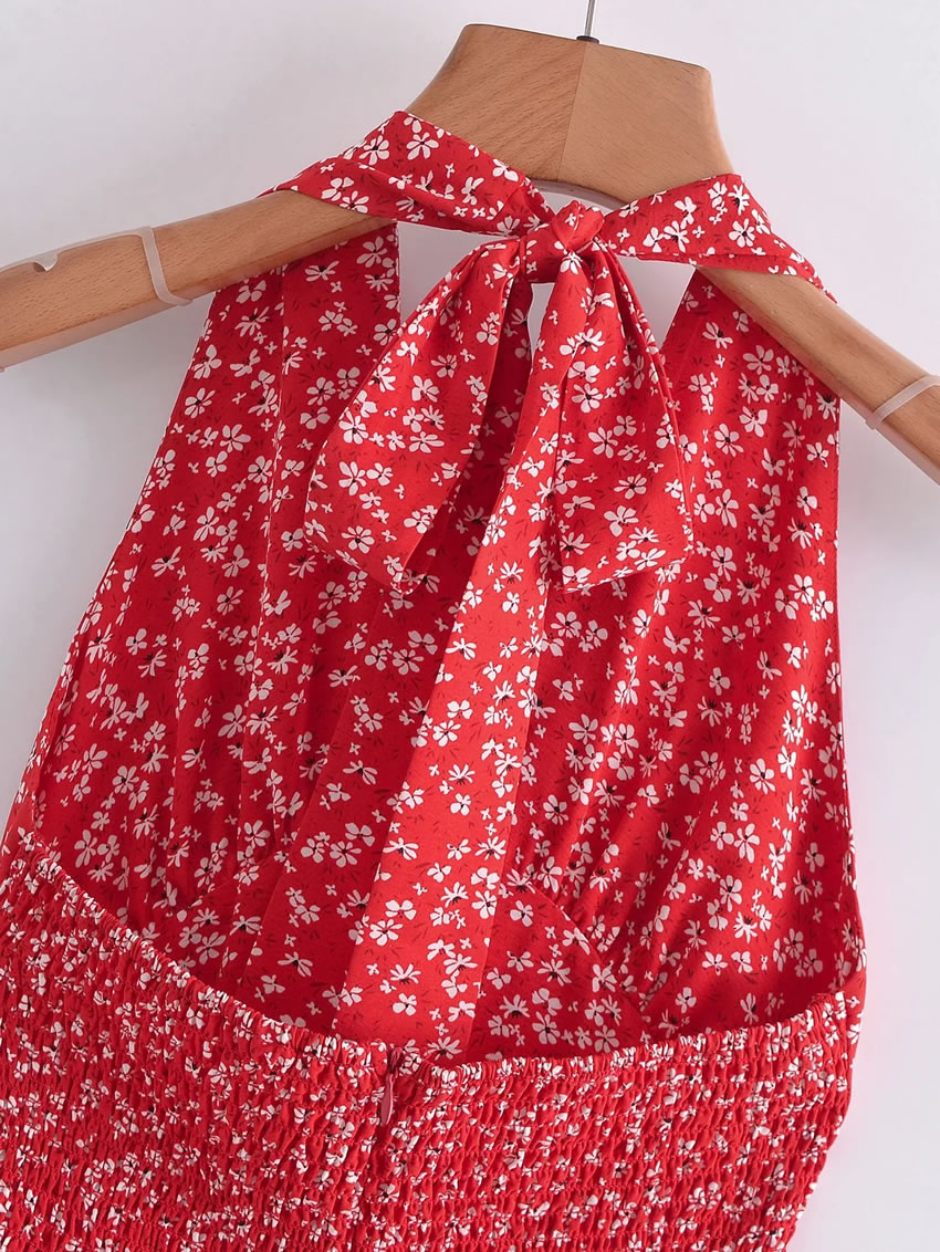 Fashion Red Halterneck Lace-up Print Dress,Long Dress