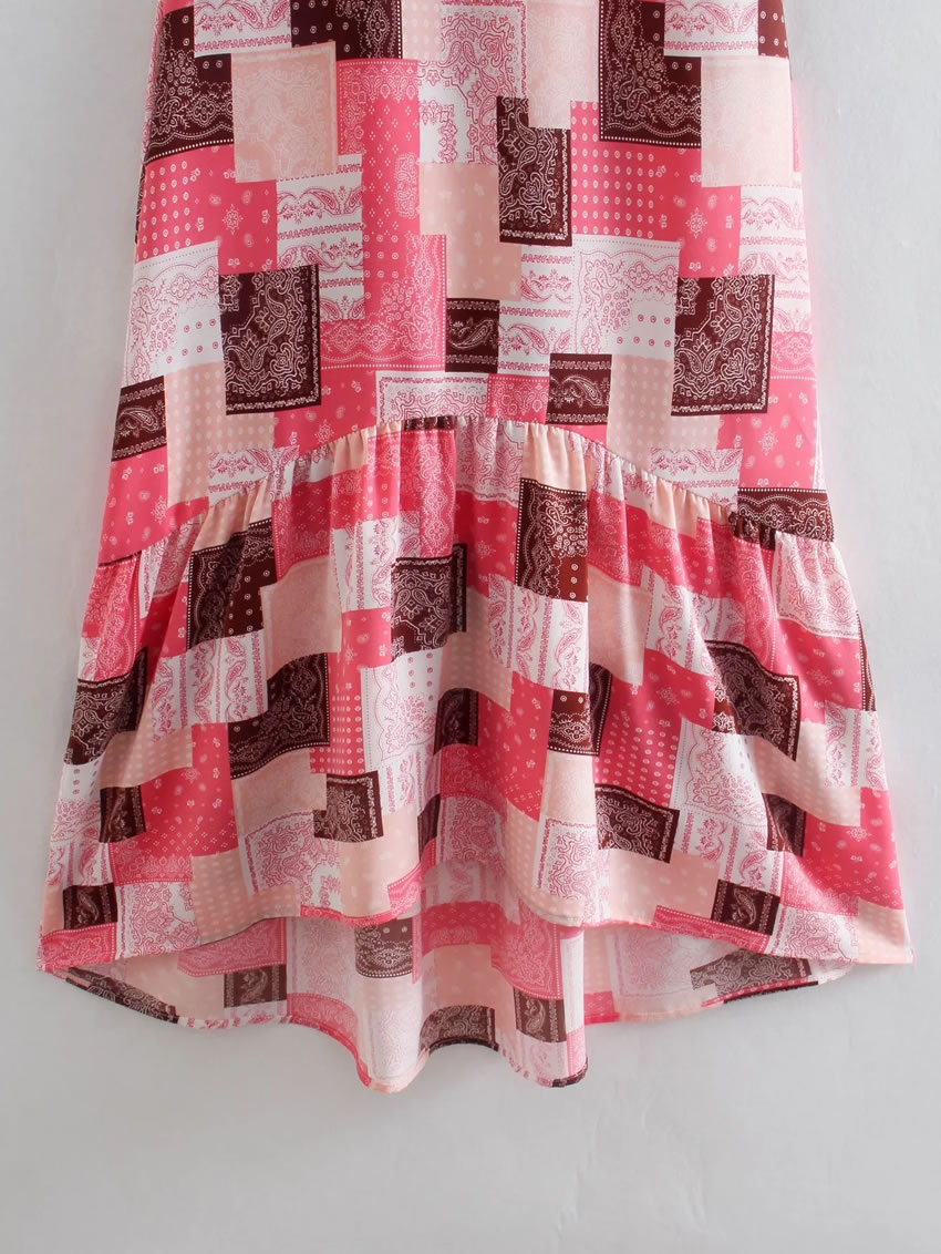 Fashion Pink Printed Lace-up Slip Dress,Long Dress