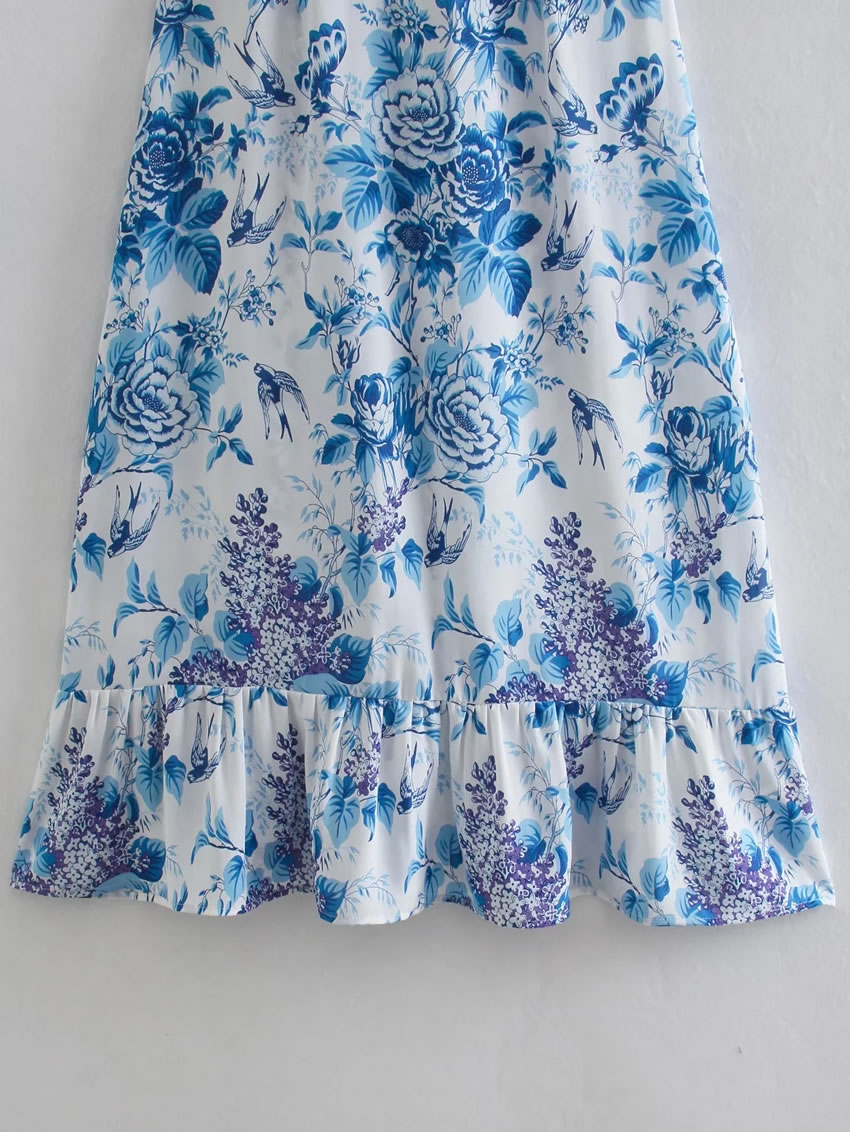 Fashion Blue V-neck Printed Slip Dress,Long Dress