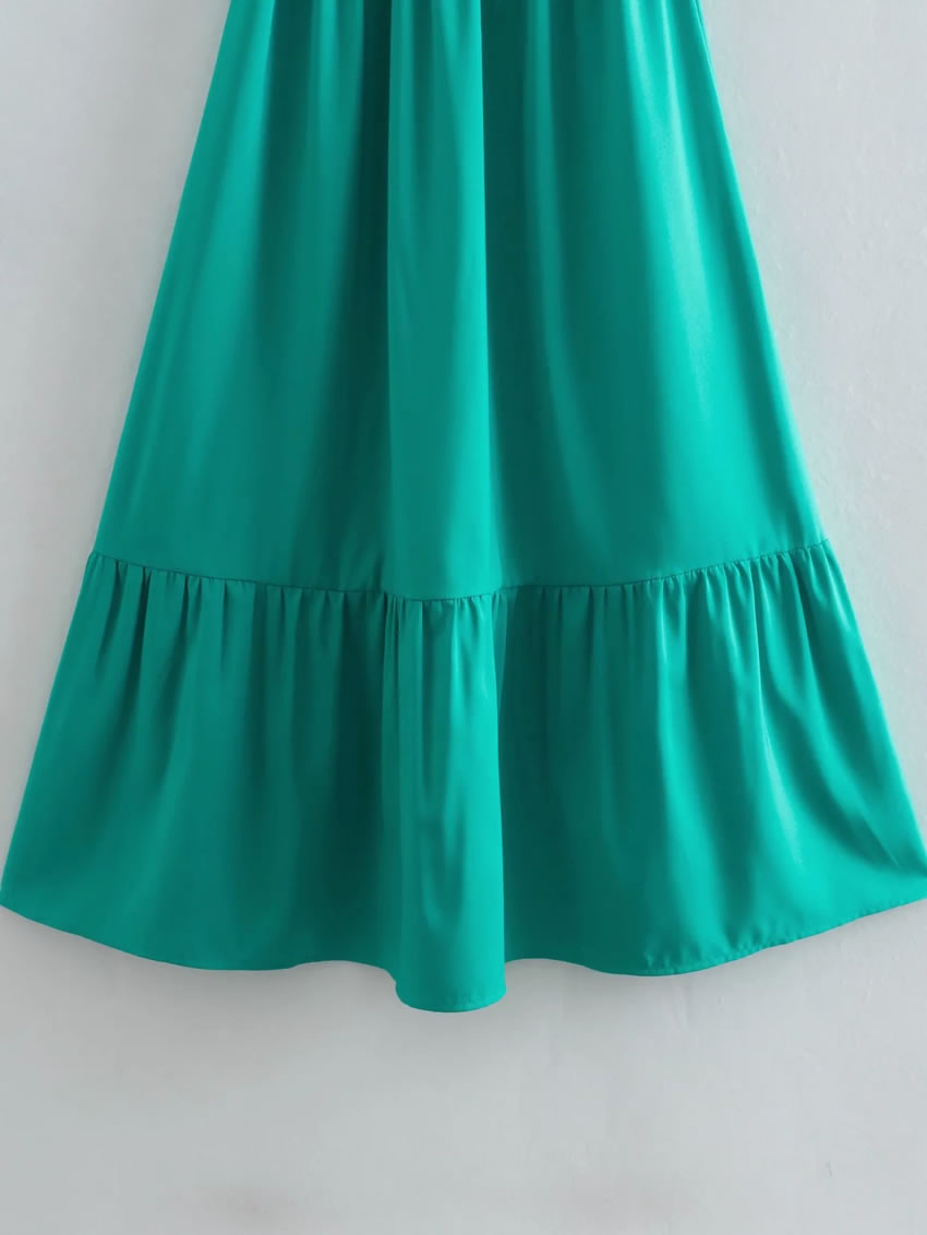 Fashion Lake Blue Halterneck Lace-up Pleated Swing Dress,Long Dress
