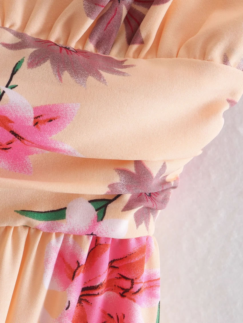 Fashion Pink Flower Printed V-neck Dress,Long Dress