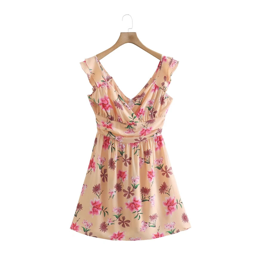Fashion Pink Flower Printed V-neck Dress,Long Dress