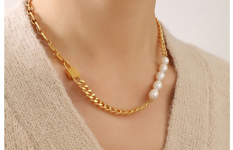 Fashion Gold Color Necklace-40+5cm Titanium Pearl Beaded And Chain Necklace,Necklaces