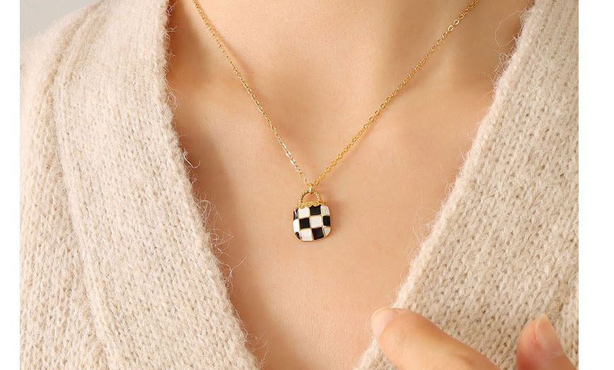 Fashion Gold Color Necklace-40+5cm Titanium Gold Plated Oil Drip Checkerboard Necklace,Necklaces
