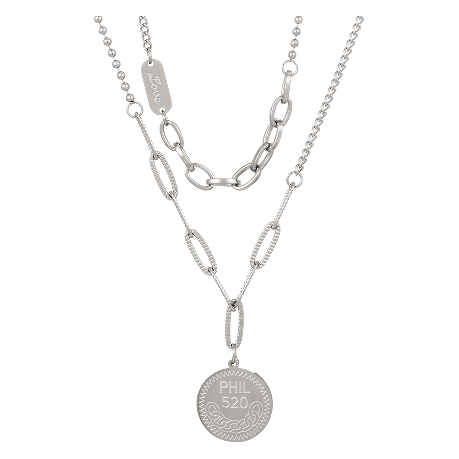 Fashion Silver Titanium Steel Double Paneled Disc Number Double Layer Necklace,Necklaces