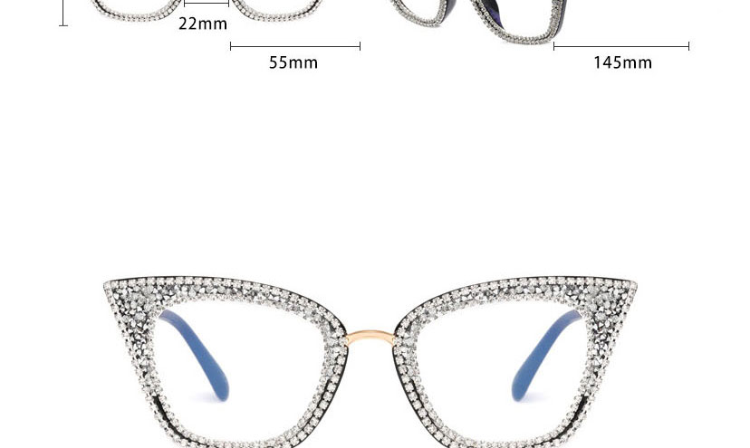 Fashion Brilliant Black/fancy Colored Diamonds Plastic Diamond Cat Eye Flat Mirror,Fashion Glasses