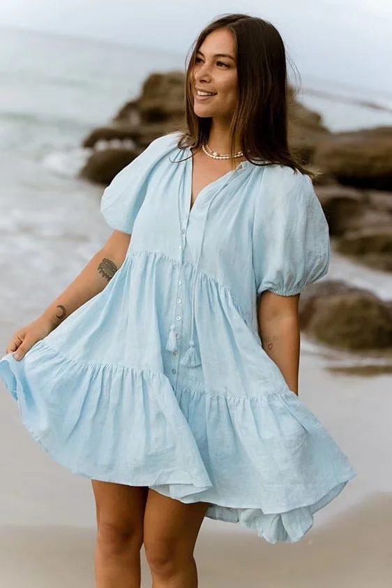 Fashion Blue Woven V-neck Pleated Dress,Long Dress