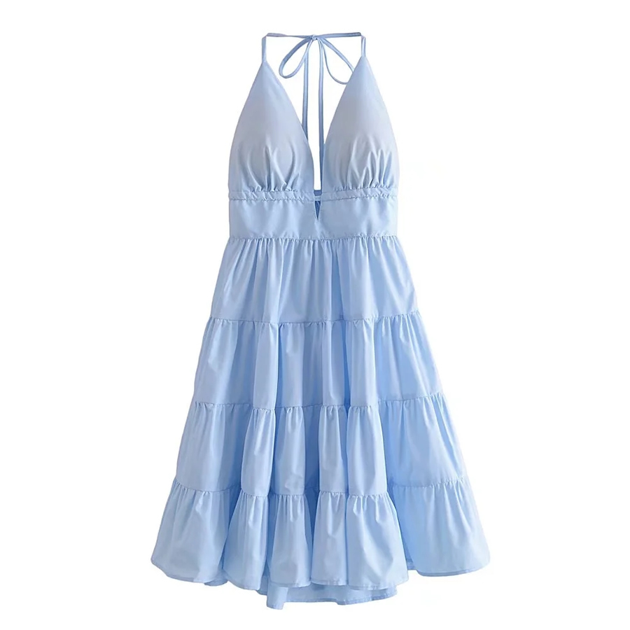 Fashion Blue Halterneck Lace-up Pleated Dress,Long Dress