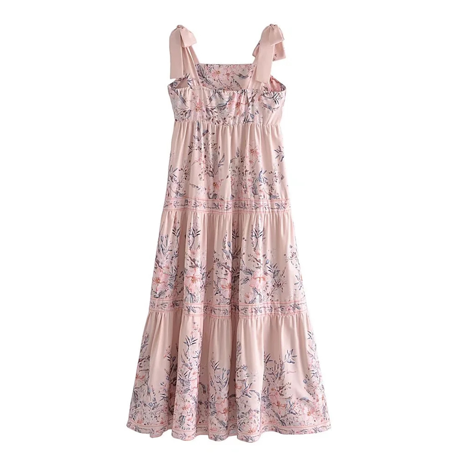 Fashion Pink Printed Lace-up Suspender Skirt,Long Dress