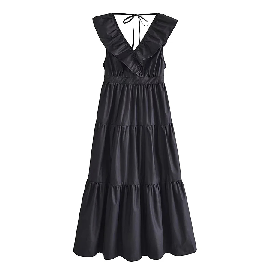 Fashion Black V-neck Lace Swing Dress,Long Dress