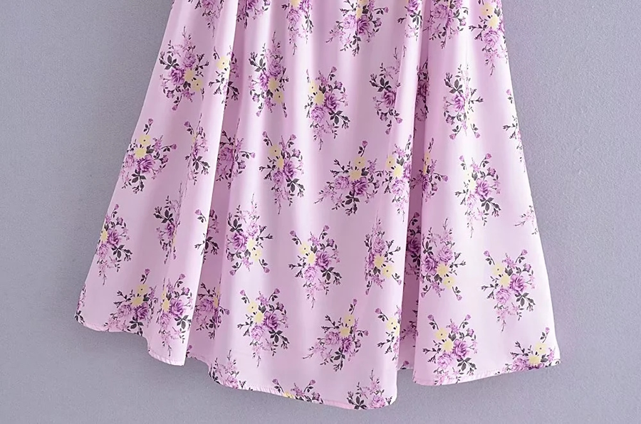 Fashion Pink Floral Square Neck Dress,Mini & Short Dresses
