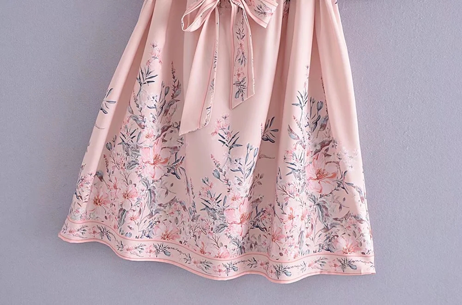 Fashion Pink V-neck Printed Lace-up Dress,Mini & Short Dresses